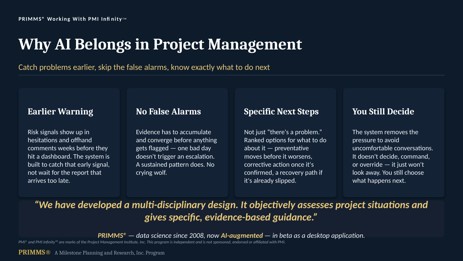 Frontiers webinar — slide 4 of 7: PRIMMS® working with PMI Infinity