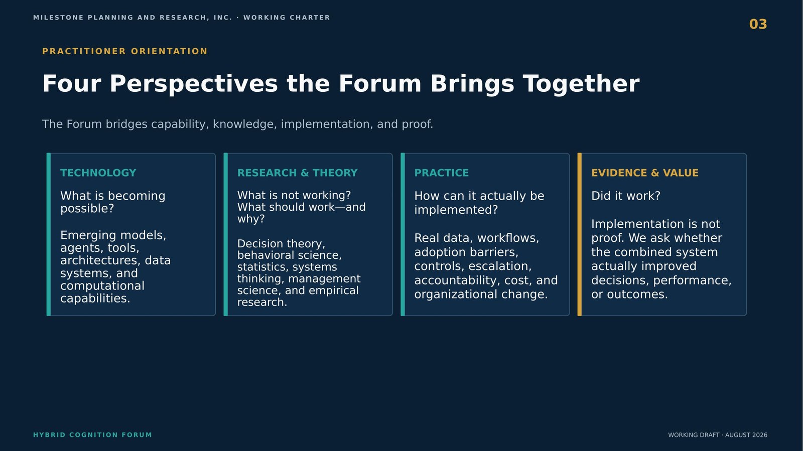 Four perspectives the Forum brings together — technology, research and theory, practice, evidence and value