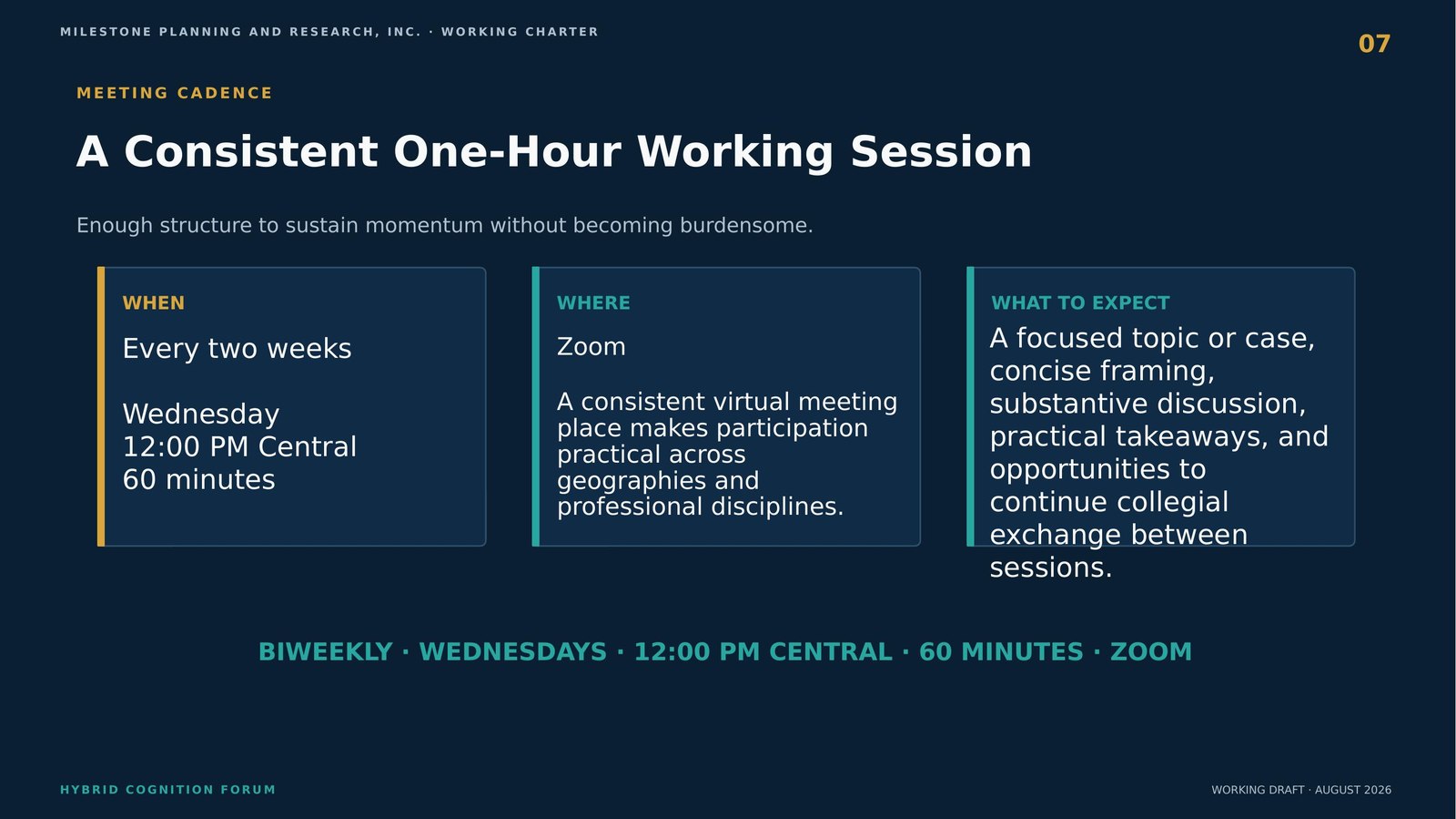 Meeting cadence — a consistent one-hour working session, biweekly on Zoom